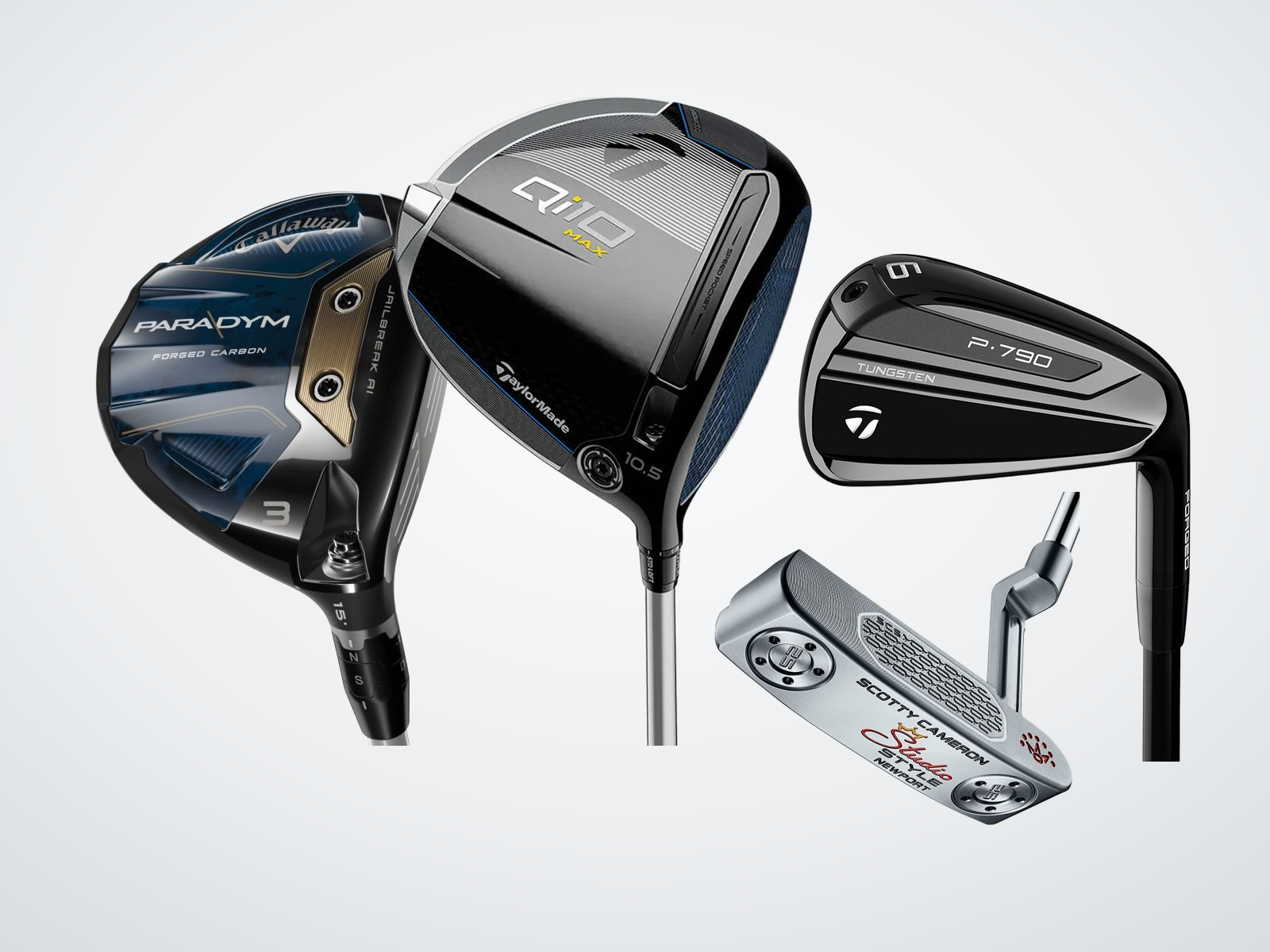 TaylorMade Qi10 Max driver, Callaway Paradym fairway wood, TaylorMade P790 iron, and Scotty Cameron putter